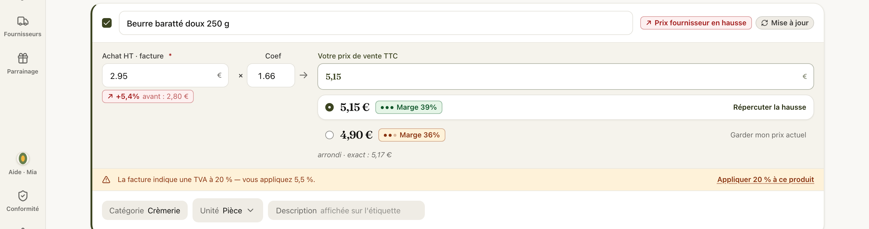 La scheda espansa: « La fattura indica un'IVA al 20% — Lei applica il 5,5% » con il link Applicare