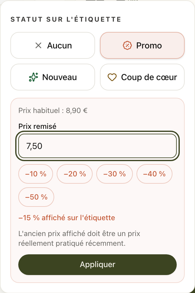 El panel de promo: precio habitual, precio rebajado, atajos de descuento y porcentaje mostrado
