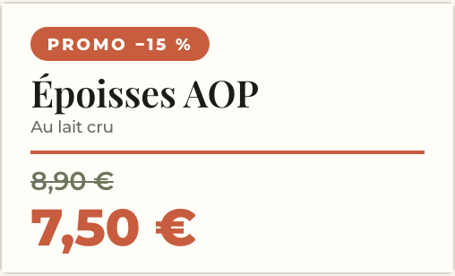 La etiqueta de promo: distintivo Promo −15 %, precio antiguo tachado, precio rebajado en color