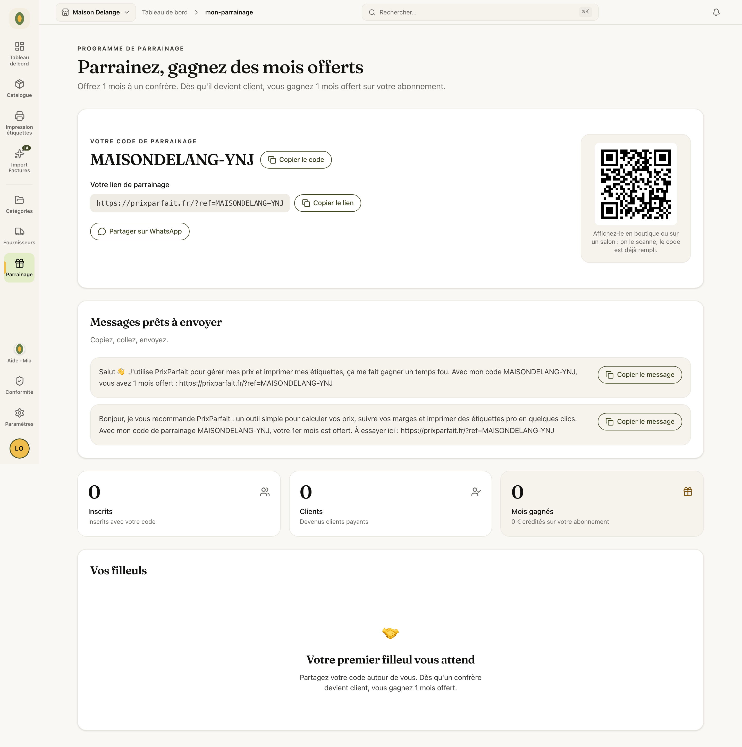 L'espace Parrainage : code, lien, QR code, messages prêts et compteurs de suivi