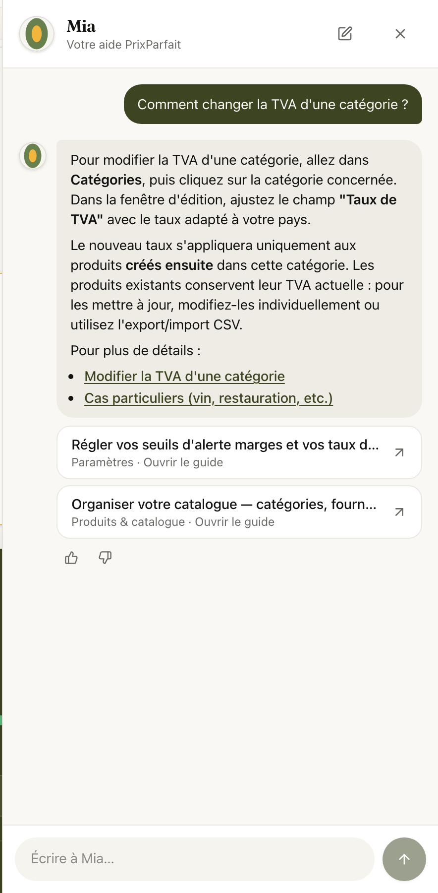 Mia répond à une vraie question, avec les guides sources et des suggestions pour continuer